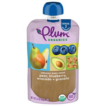 Plum Organics Baby Food Pouch - Pear Blueberry Avocado & Granola, 3.5 oz