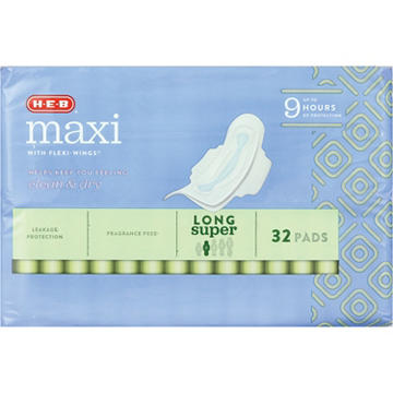H-E-B Maxi with Flexi-Wings Long Pads - Super, 32 ct