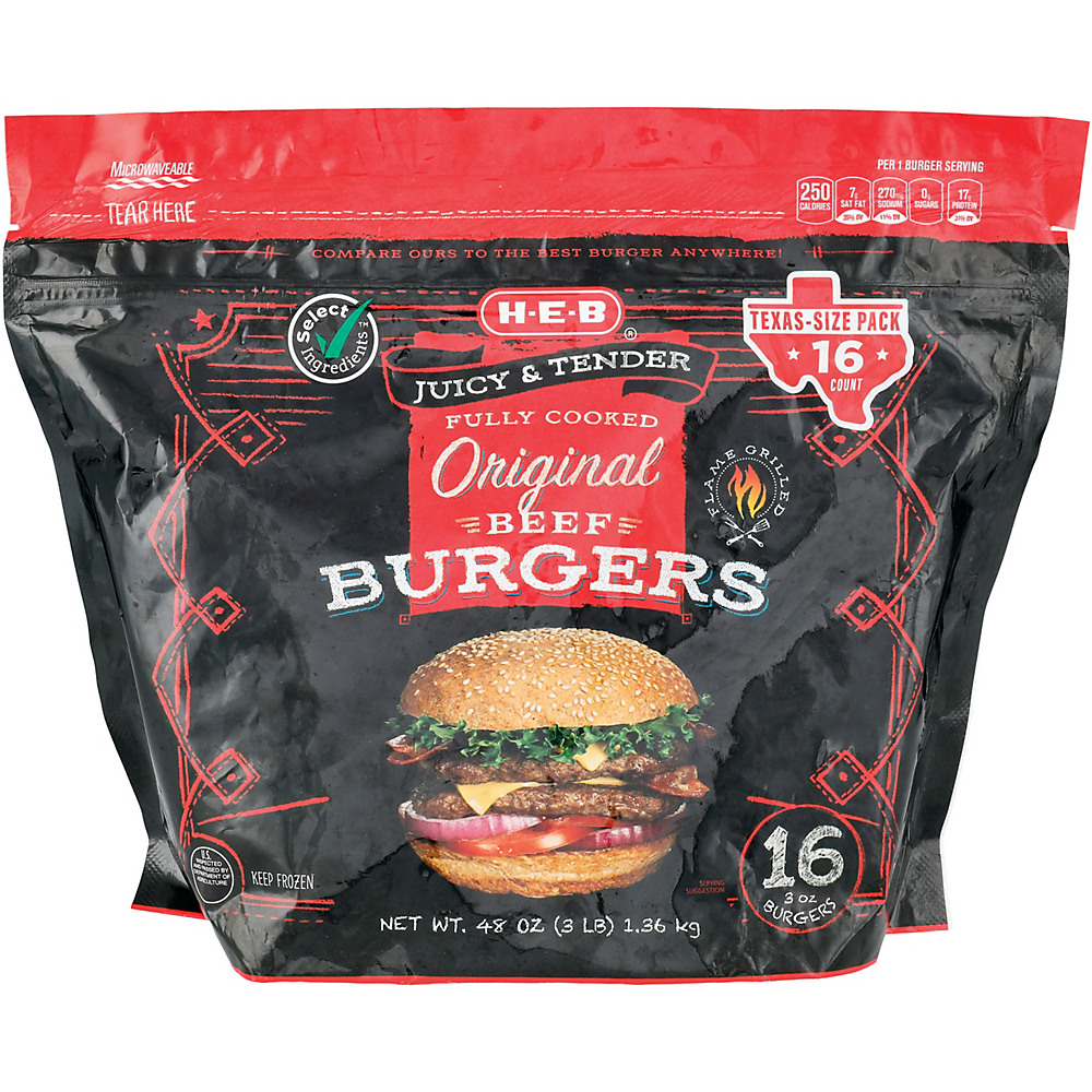 Calories in H-E-B Fully Cooked Original Burgers Club Pack, 16 ct