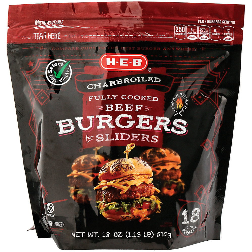 Calories in H-E-B Fully Cooked Beef Burger Sliders, 18 ct