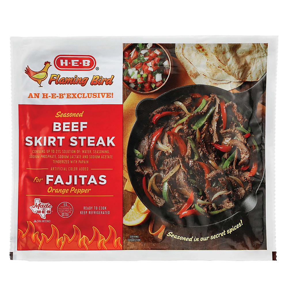 Calories in H-E-B Flaming Bird Orange Pepper Seasoned Beef Skirt Steak For Fajitas, Avg. 3.53 lbs