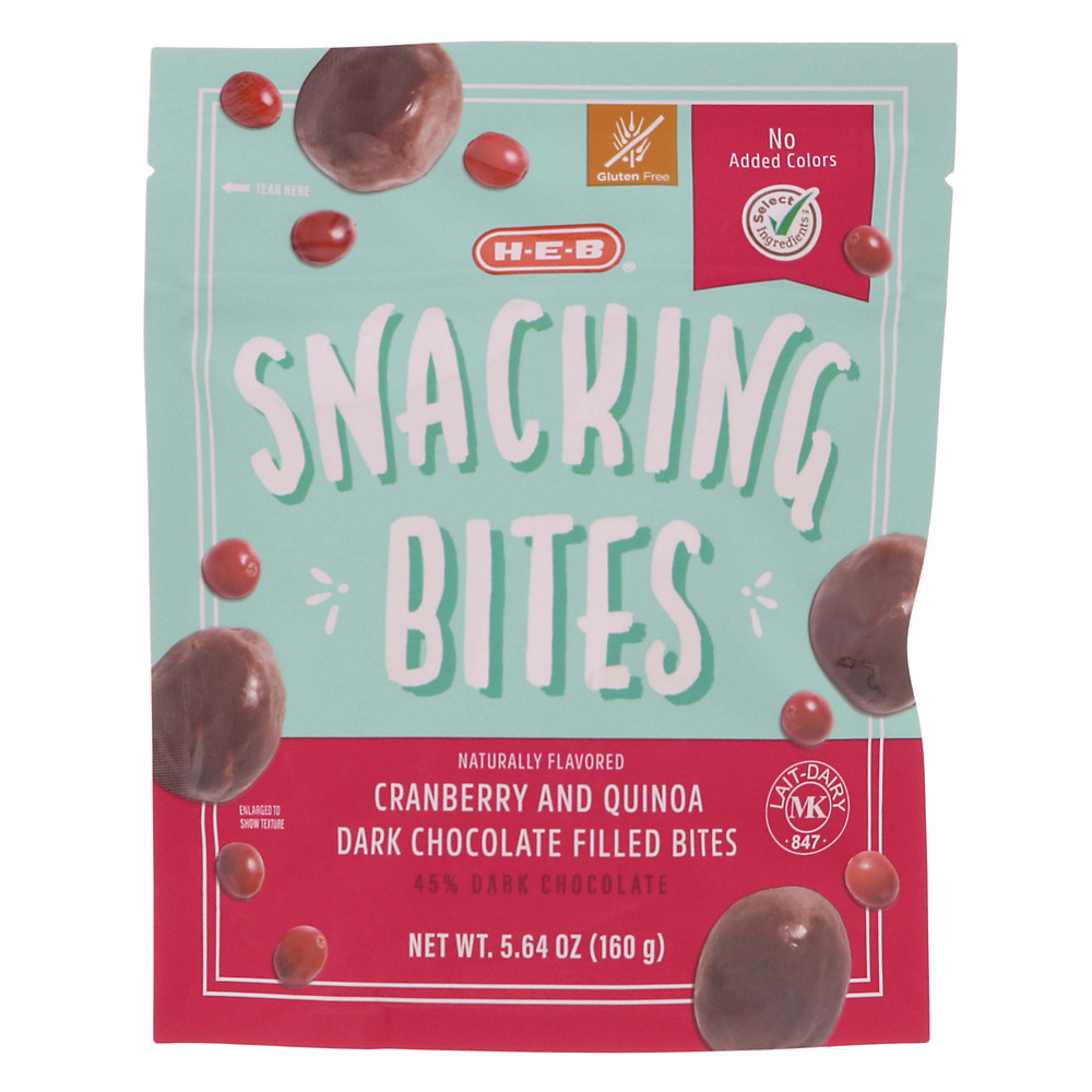 Calories in H-E-B Cranberry and Quinoa Dark Chocolate Filled  Snacking Bites, 5.64 oz
