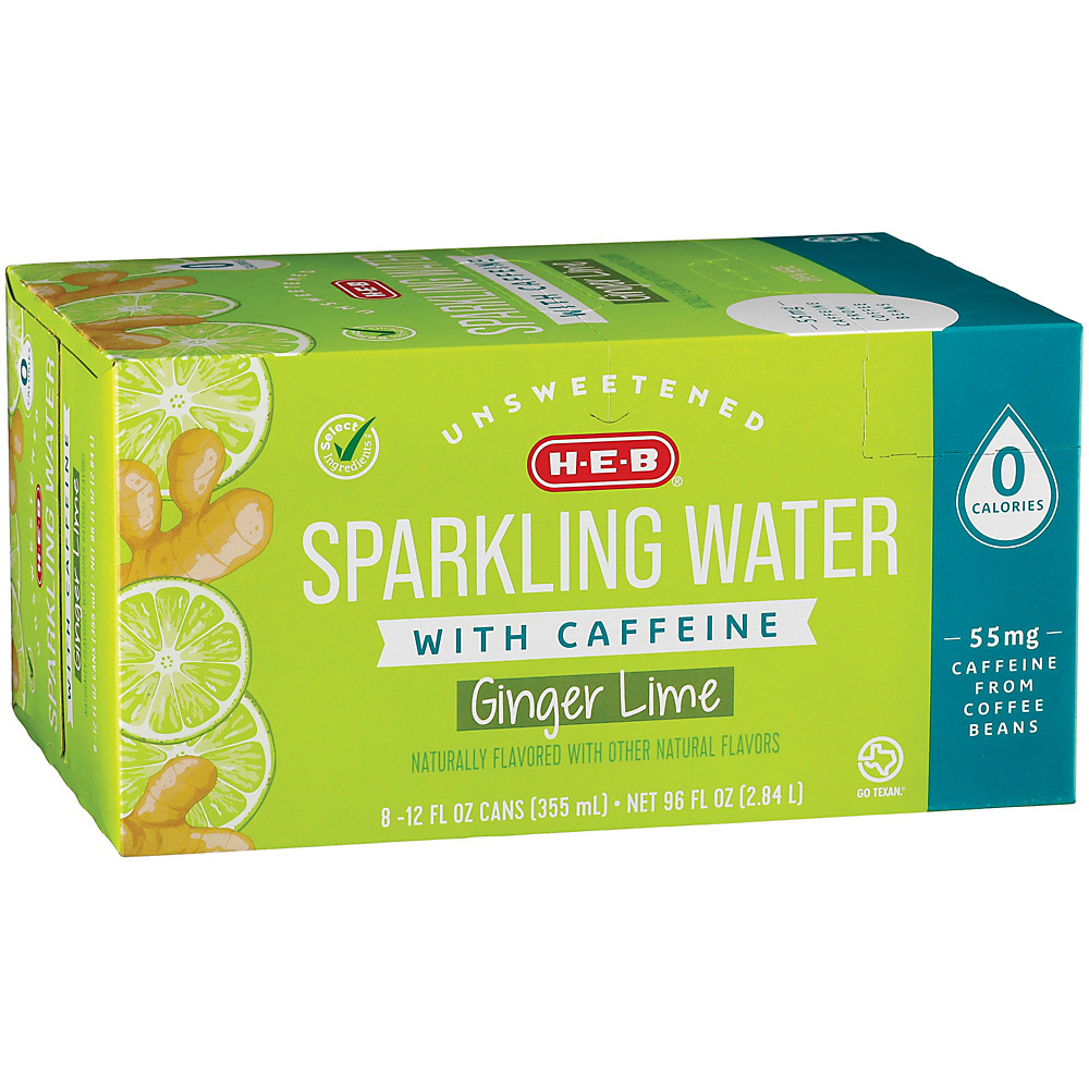 Calories in H-E-B Select Ingredients Unsweetened Ginger Lime Sparkling Water with Caffeine 12 oz Cans, 8 pk