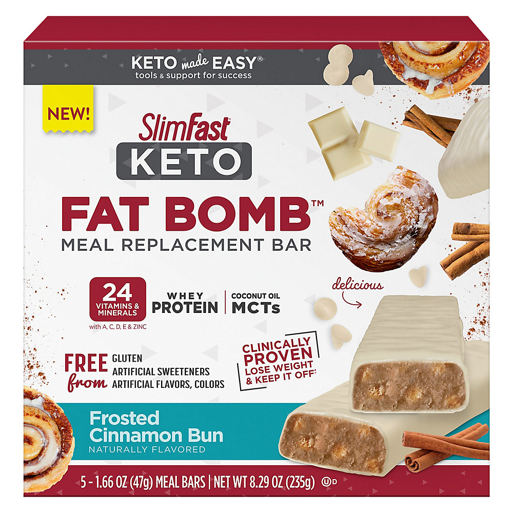Calories in Slimfast Keto Fat Bomb Frosted Cinnamon Burn Meal Bar, 5  ct