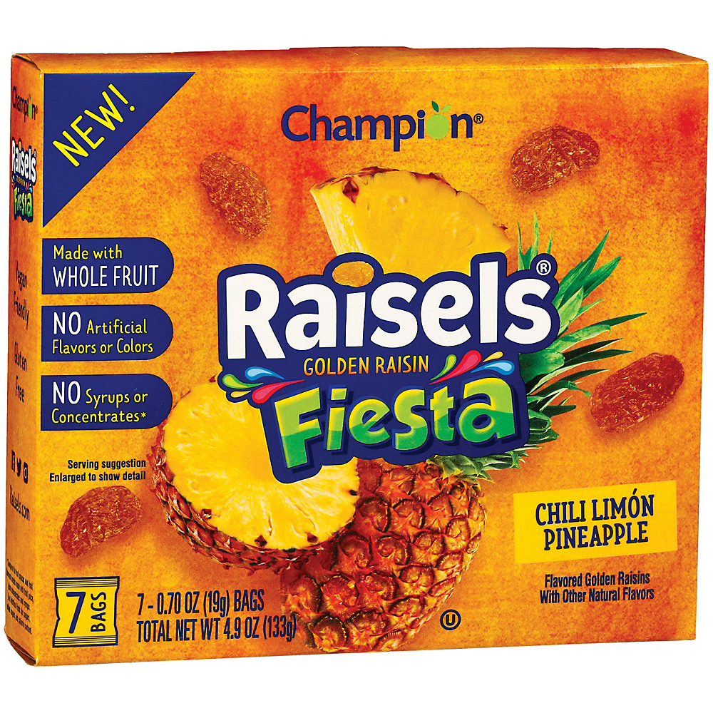 Calories in Champion Raisels Fiesta Chili Limon Pineapple Golden Raisins, 7 ct