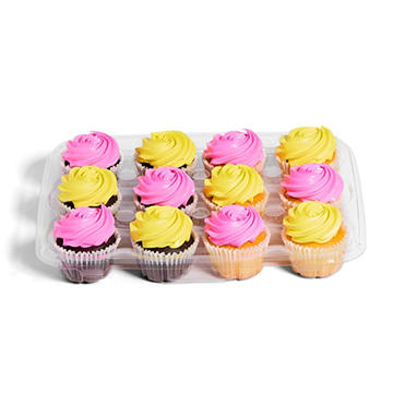 H-E-B 6 White 6 Chocolate Cupcakes with Buttercream -  Pastel Pink & Yellow, 12 ct