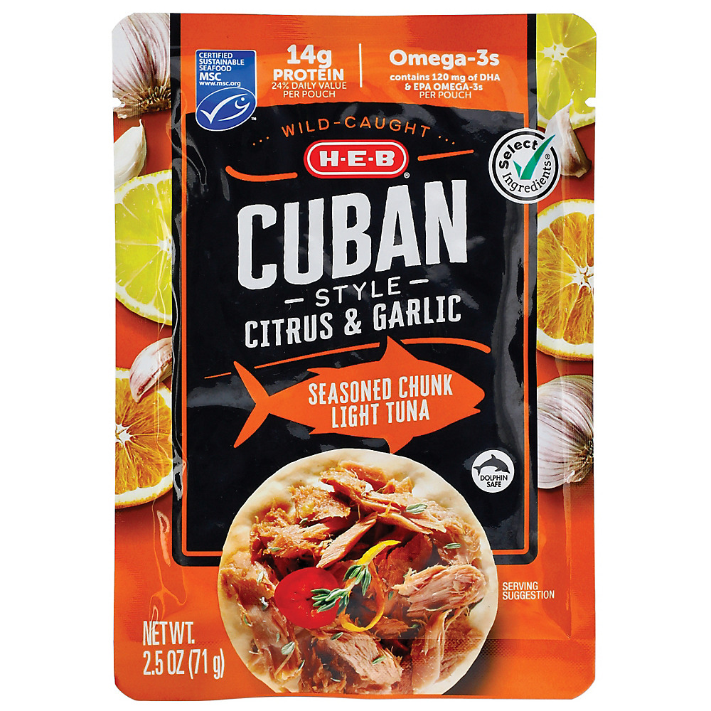 Calories in H-E-B Select Ingredients Cuban Style Citrus & Garlic Chunk Light Tuna Pouch, 2.5 oz