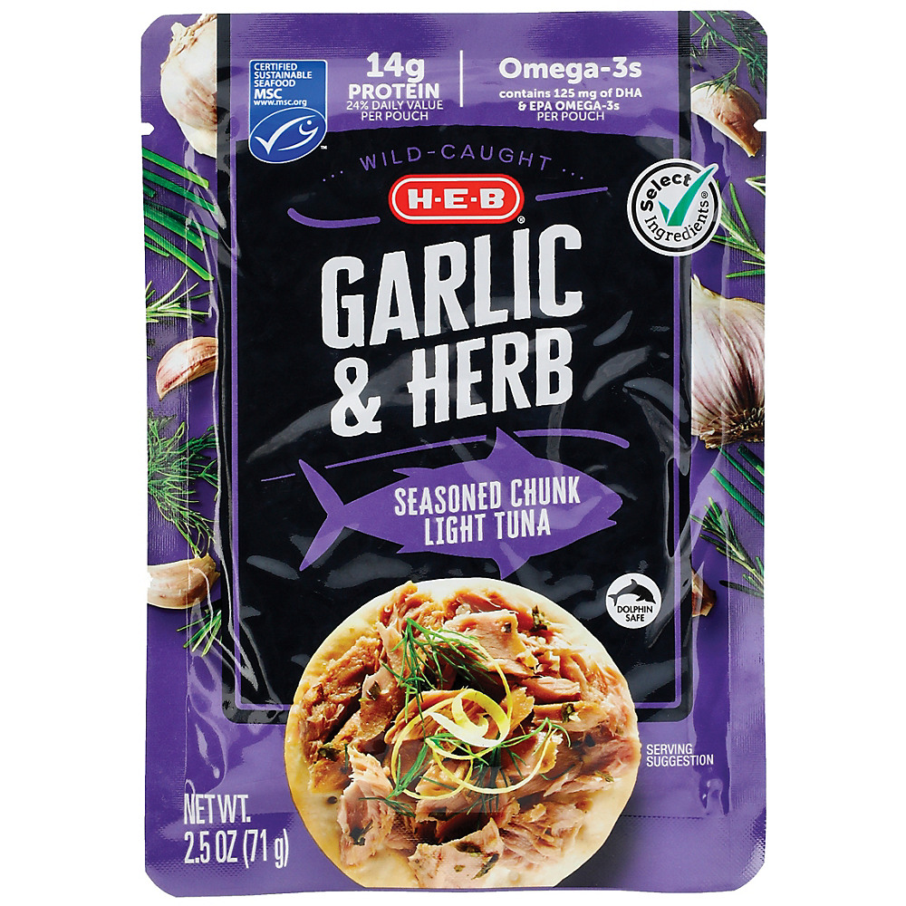 Calories in H-E-B Select Ingredients Garlic & Herb Chunk Light Tuna Pouch, 2.5 oz