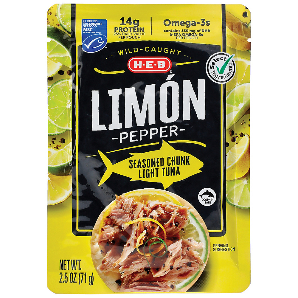 Calories in H-E-B Select Ingredients Limon Pepper Chunk Light Tuna Pouch, 2.5 oz