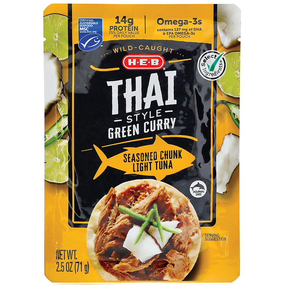 Calories in H-E-B Select Ingredients Thai Style Green Curry Chunk Light Tuna Pouch, 2.5 oz