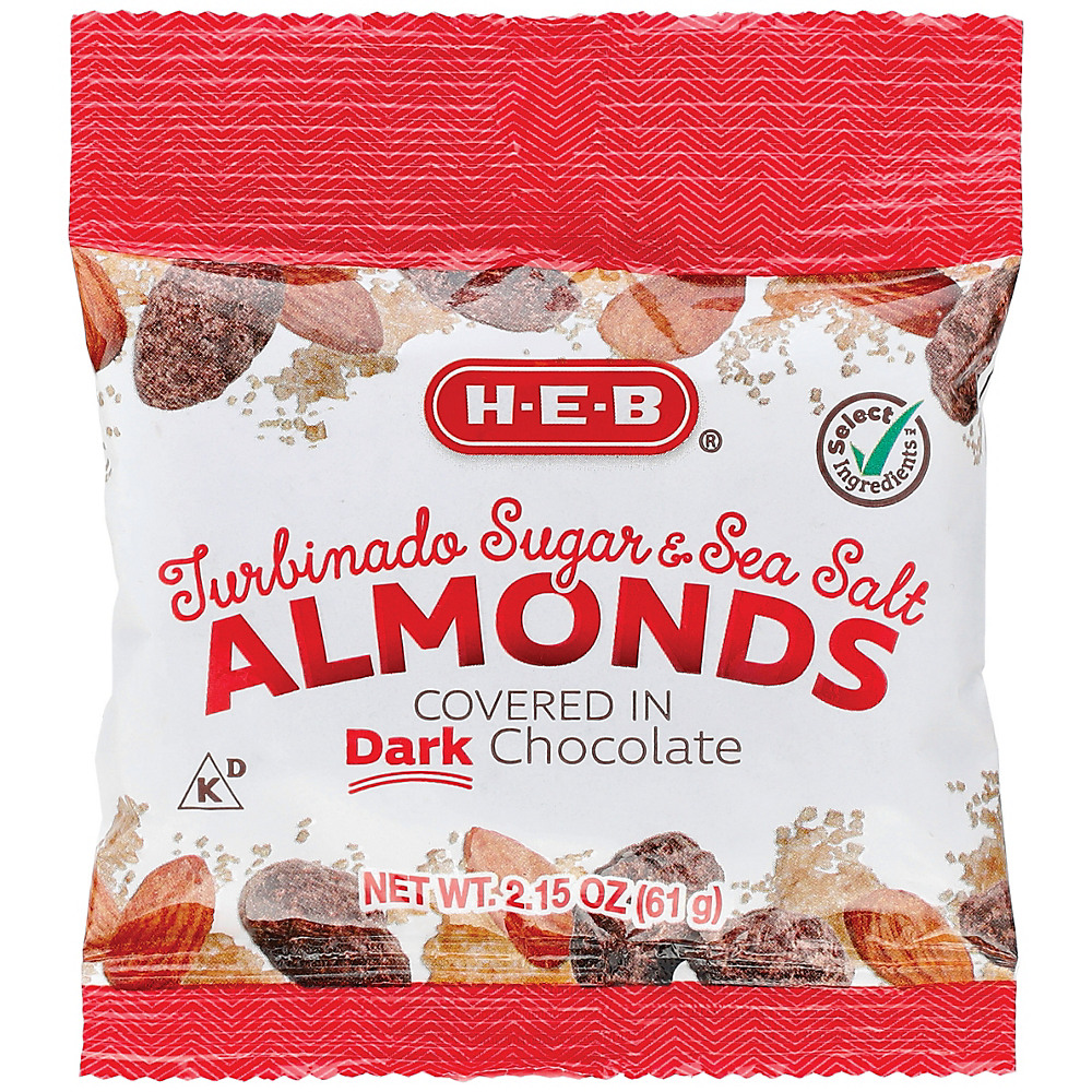 Calories in H-E-B Dark Chocolate Turbinado Sugar & Sea Salt Almonds, 2.15 oz