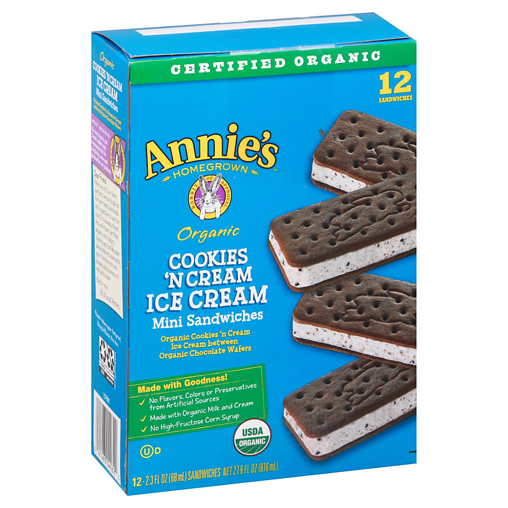 Calories in Annie's Homegrown Organic Cookies 'N Cream Ice Cream Mini Sandwiches, 12 ct