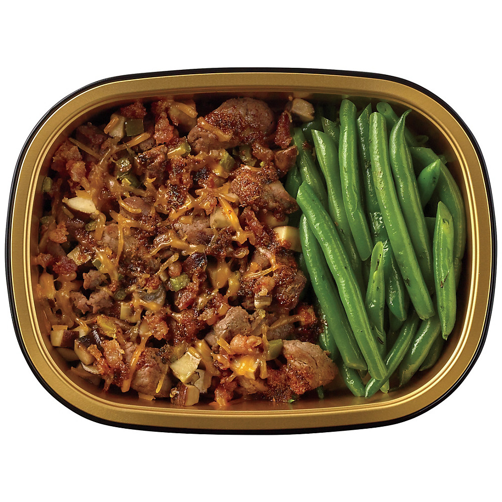 Calories in H-E-B Meal Simple Loaded Beef Sirloin Steak Bites with Seasoned Green Beans, Avg. 0.63 lb