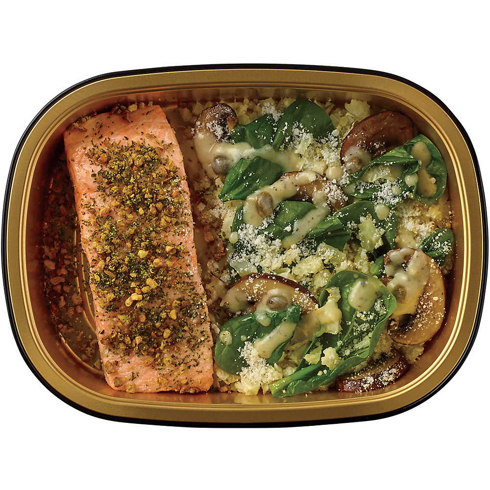 Calories in H-E-B Meal Simple Salmon with Lemon Caper Riced Cauliflower, Mushrooms, & Spinach, 12.5 oz