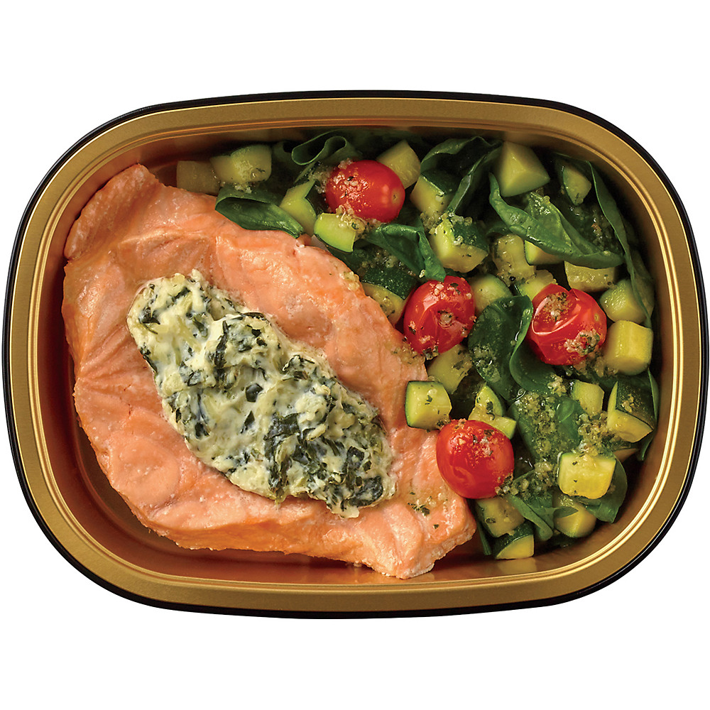 Calories in H-E-B Meal Simple Spinach & Parmesan Stuffed Salmon with Zucchini, Spinach, & Tomatoes, 12 oz