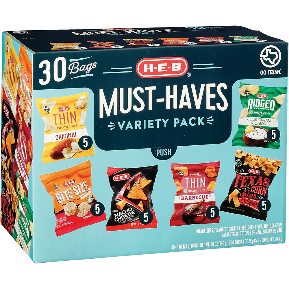 Calories in H-E-B Select Ingredients Must Haves Chip & Popcorn Variety Pack 1 oz Bag, 30 ct