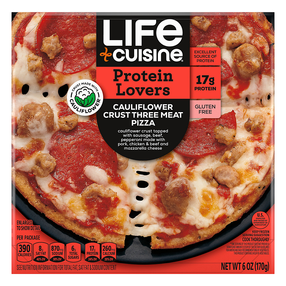 Calories in Life Cuisine Gluten Free Three Meat Pizza Cauliflower Crust, 6 oz