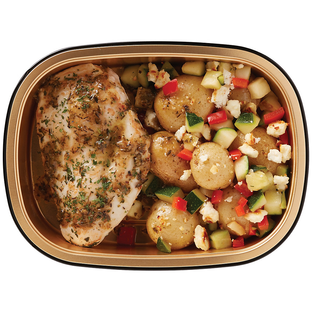 Calories in H-E-B Meal Simple Greek Style Chicken with Feta Potatoes, Zucchini and Red Peppers, Avg. 0.85 lb