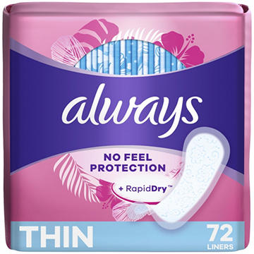 Always Thin No Feel Protection Daily Liners Regular Absorbency, Unscented, 72 ct