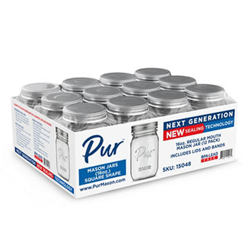 Pur Mason Regular Mouth Square Glass Jars, 12 Pk, 16 oz