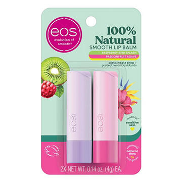 eos 100% Natural Smoothing Lip Balm - Raspberry Kiwi Splash Passionfruit Agave, 2 ct