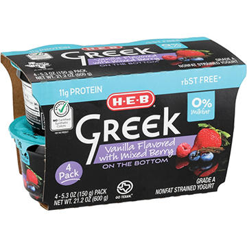H-E-B 11g Protein Nonfat Greek Yogurt - Vanilla with Mixed Berry on the Bottom, 4 ct
