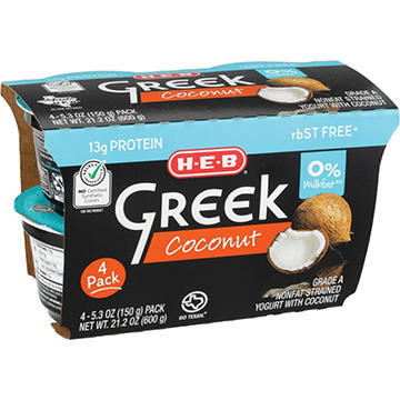 H-E-B 13g Protein Nonfat Greek Yogurt - Coconut, 4 ct