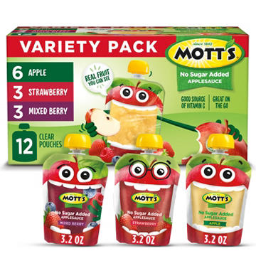 Mott's No Sugar Added Applesauce 12 pk Pouches Variety Pack, 3.2 oz