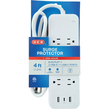 H-E-B 8 Outlet Surge Protector Power Strip With USB Ports, 4'