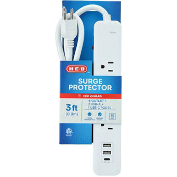 H-E-B 4 Outlet Surge Protector Power Strip With USB Ports, 3'