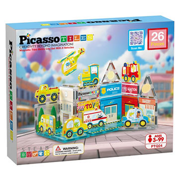 Picasso Tiles Magnetic Tiles Metro City Set with Vehicles, 26 pc