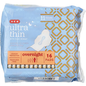 H-E-B Ultra Thin Flexi-Wings Pads - Overnight, Unscented, 16 ct