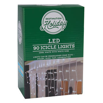 Destination Holiday Programmable Cool White LED Icicle Lights - White Wire, 90 ct