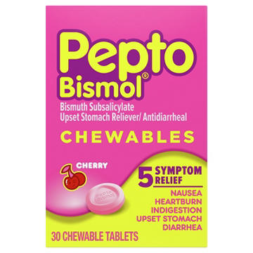 Pepto-Bismol Chewable Tablets for Nausea, Heartburn, Indigestion, Upset Stomach, & Diarrhea - 5 Symptom Fast Relief, Cherry Flavor