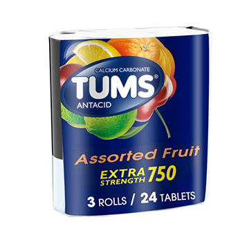 Tums Chewable Antacid Tablets for Extra Strength Heartburn Relief, Assorted Fruit Flavors - 8 Count Rolls (Pack of 3)
