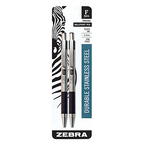 Zebra Pen, Durable Stainless Steel, 3 Series, Gel Retractable, Black Ink - 2 pen