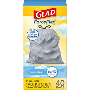 Glad ForceFlex Kitchen Drawstring Trash Bags, 13 Gallon - Febreze Fresh Clean