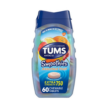 Tums Smoothies Chewable Extra Strength Antacid Tablets for Heartburn Relief, Assorted Fruit