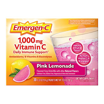 Emergen-C Vitamin C 1000mg Powder (30 Count, Pink Lemonade Flavor, 1 Month Supply), With Antioxidants, B Vitamins and Electrolytes, Dietary Supplement Fizzy Drink Mix, Caffeine Free
