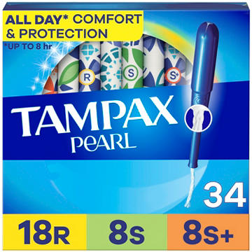 Tampax Pearl Tampons Multipack, with LeakGuard Braid, Regular/Super/Super Plus Absorbency, Unscented, 34 Count