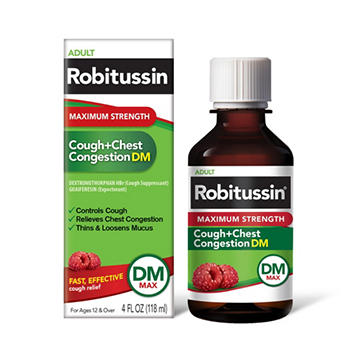 Robitussin Adult Maximum Strength Cough + Chest Congestion DM Max (4 fl. oz. Bottle), Cough Suppressant & Expectorant, Raspberry Flavor