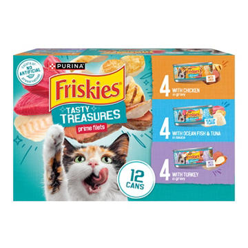 Friskies Purina Wet Cat Food Variety Pack Tasty Treasures Prime Filets - Ocean Fish and Tuna, Chicken and Turkey