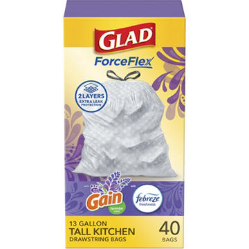 Glad ForceFlex Kitchen Drawstring Trash Bags, 13 Gallon - Febreze Gain Lavender