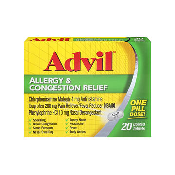 Advil Allergy and Congestion Relief, Pain Reliever, Fever Reducer and Allergy Relief with Ibuprofen, Phenylephrine HCl and Chlorpheniramine Maleate 4 mg - 20 Coated Tablets