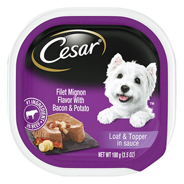 Cesar Soft Wet Dog Food Loaf & Topper in Sauce - Filet Mignon Flavor with Bacon & Potato