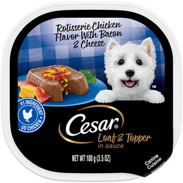 Cesar Wet Dog Food Loaf & Topper in Sauce Easy Peel Trays - Rotisserie Chicken Flavor with Bacon & Cheese