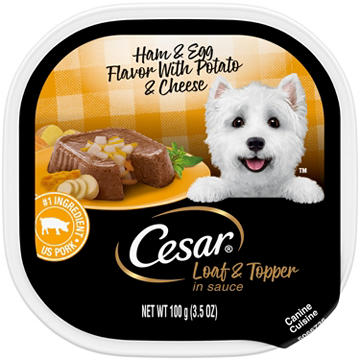 Cesar Soft Wet Dog Food Loaf & Topper in Sauce Easy Peel Trays - Ham & Egg Flavor with Potato & Cheese