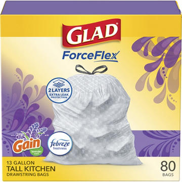 Glad ForceFlex Tall Kitchen Drawstring Trash Bags, 13 Gallon - Gain Lavender Scent with Febreze Freshness
