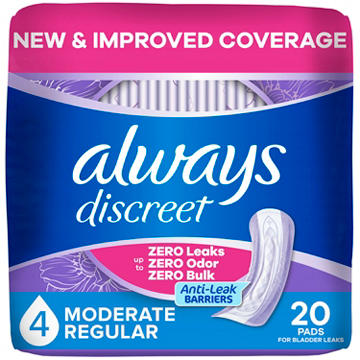 Always Discreet Adult Incontinence Pads for Women, Moderate Absorbency, Regular Length, Postpartum Pads