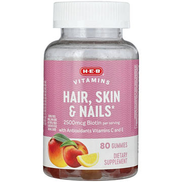 H-E-B Vitamins Hair Skin & Nails 2500mcg Biotin Gummies - Peach